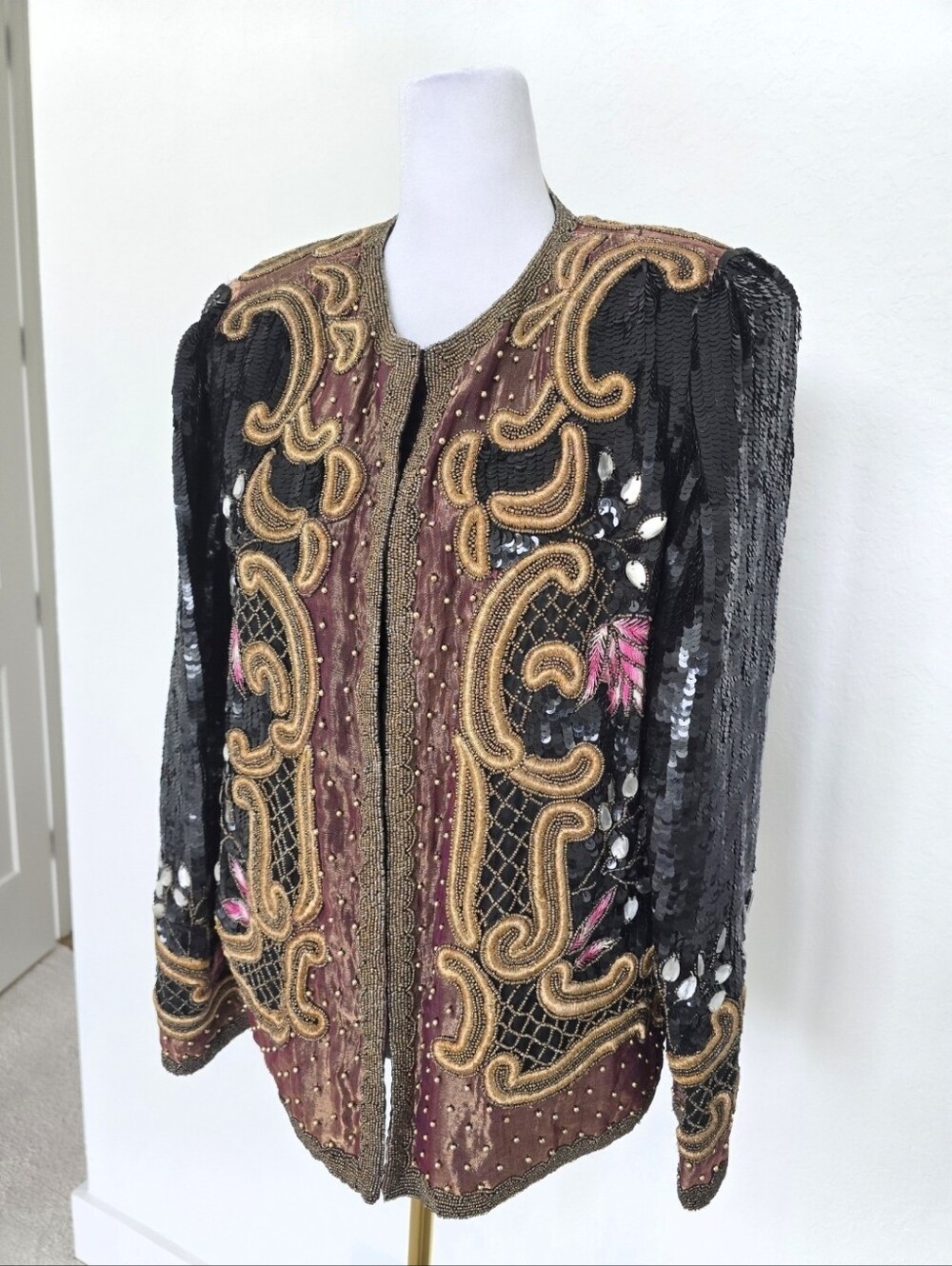 Vintage Laurence Kazar Sequin & Beaded Blazer Silk Evening Jacket M - Picture 3 of 13